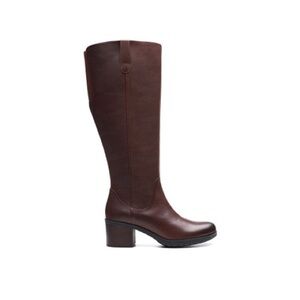 Clarks Size 6 Hollis Moon Brown Leather Knee High Boot Chunky Heel Side Zipper
